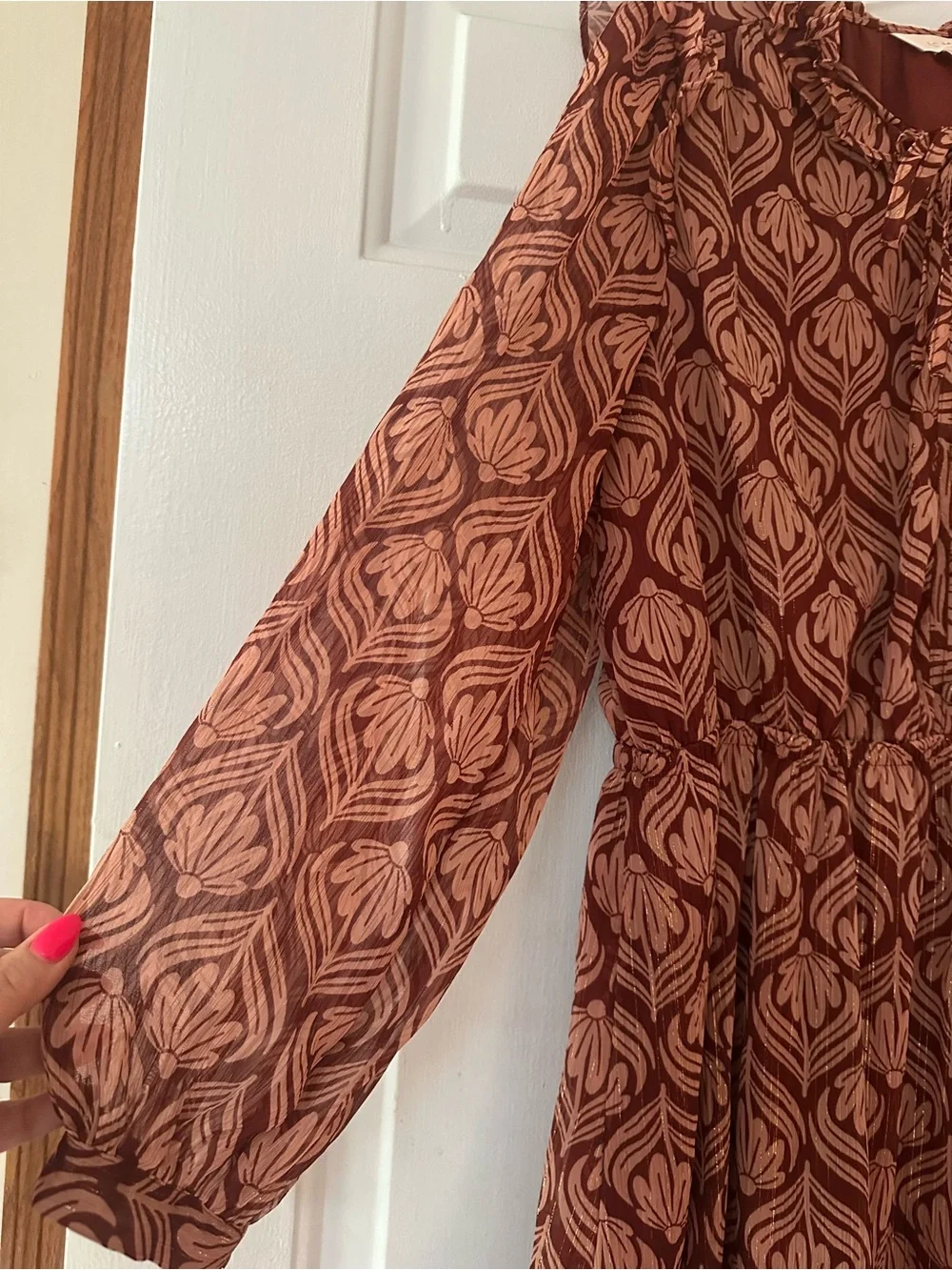 Boho Floral Print Ruffle‎ Tier Skirt Sheer Long Sleeve Dress. Size large.